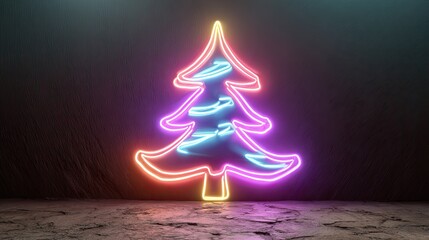 Wall Mural - Vibrant Neon Christmas Tree Against Dark Textured Background