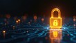 © Pete - Glowing yellow lock on dark blue circuit board background. Shiny padlock security, protection in digital environment. Illuminated lock represents safety, privacy in cyberspace. Cyber security concept