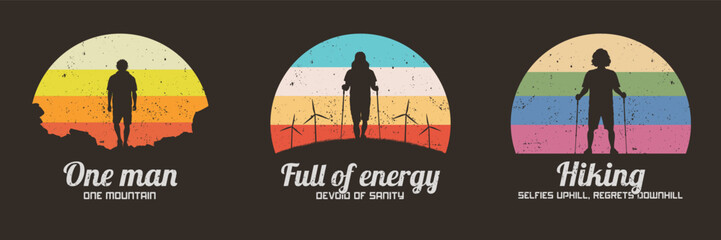 Sticker - Walking man and windmills. Hiking with trekking poles. 60s label set