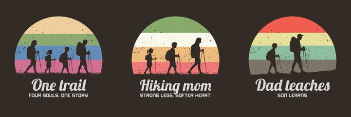 Sticker - Family travel. Parents and children and trekking poles. 60s label set