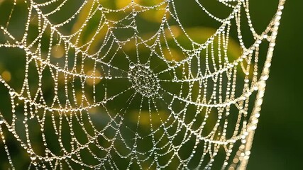 Intricate Spiderweb Glistening with Dew Drops in Early Morning Sunlight