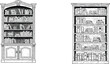 © Creatives Art - Vintage bookshelf illustration, classic wooden bookcase design, hand drawn library furniture sketch, antique books storage vector, detailed line art