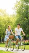 © Hungarian - Cheerful couple enjoying a summer bike ride through a park, cycling together along a paved path with vintage bicycles, surrounded by green trees and foliage under bright sunlight, radiating joy