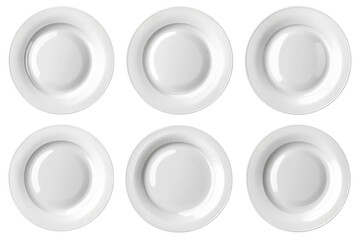 Six elegant white porcelain plates with textured rims are arranged for a clean look on transparent background