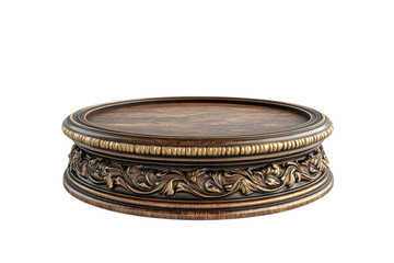 Elegant wooden display stand with intricate carvings for product showcasing use on transparent background