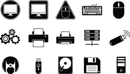 Diverse computer technology icons collection for digital projects and web design