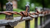 Barbed wires on iron fences to prevent thieves from entering home. Dangerous sharp and obstacles. Border fence boundaries. Restriction zone.