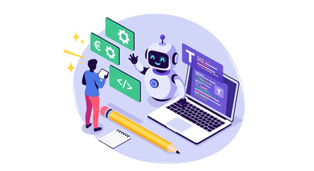 Vector art of programmer interacting with a robot and laptop, coding concept