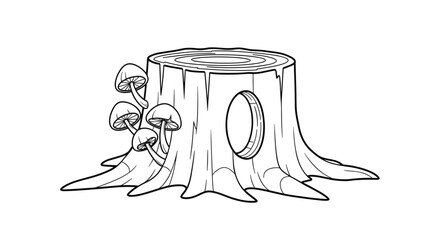 A detailed drawing of a tree stump with mushrooms and a hollow.