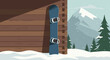 © Svetlana Kulakova - Snowboard leaning against a wooden cabin in a snowy mountain landscape