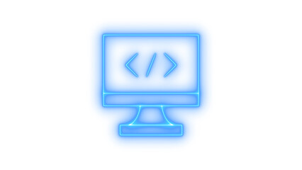 Glowing neon computer code icon isolated on transparent background, programming, web development, software, script symbol, or display