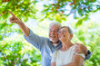 © Daniel - Beautiful cute couple of seniors hugged having fun and enjoying together outdoors in green park smiling looking around them. Two pensioners embracing taking care of relationship