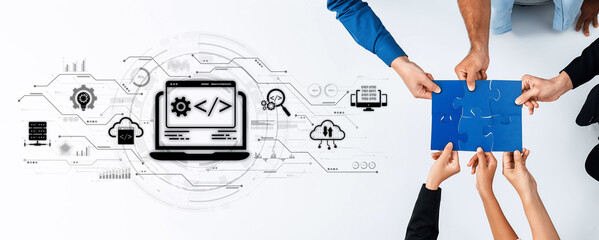 A dynamic scene showcasing teamwork in technology development, featuring hands holding a puzzle piece and a laptop displaying code, symbolizing collaborative innovation. Trope
