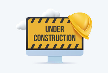 Under construction sign on computer screen. Work in progress design template. Website maintenance. Under construction tape warning 3D render vector illustration