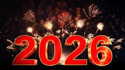 Red number 2026 with gold border against fireworks exploding in night sky background for New year and Merry Christmas celebration footage