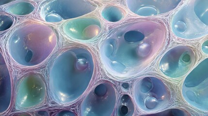 Abstract ethereal background featuring interconnected iridescent spheres and intricate web like structures in blue and pastel tones for modern design