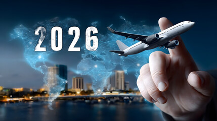 Wall Mural - Hand touching number 2026 with airplane icon above against dark background with glowing light blue world map in center
