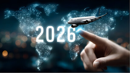 Wall Mural - Hand touching number 2026 with airplane icon above against dark background with glowing light blue world map in center

