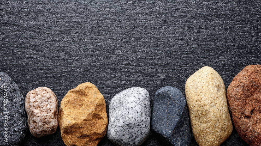 Various rock types are arranged on a dark background, showcasing their ...