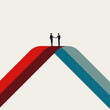 © jozefmicic - Vector illustration representing a business handshake, a successful deal, partnership, merger, acquisition, or agreement. Two men meet and shake hands at the peak of a red and blue bridge-like structu