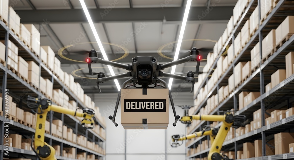 Advanced drone delivery system in modern warehouse with robotic arms ...