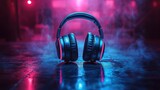 Headphones backlit in vibrant neon light, reflecting on a wet floor, surrounded by smoke