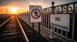 © Rita - Sunset Over Railway Tracks With Warning Signs Prohibiting Pedestrian Access