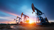 © Kateryna Arkhypova - Concept background of oil pump jacks operating at field during sunrise, under gentle natural light, highlighting industrial activity and serene landscape, serene rural scene, calm