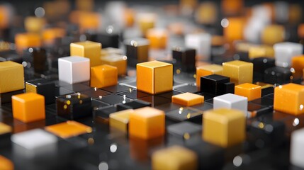 Wall Mural - Vibrant abstract composition of orange, black, and white cubes on a sleek surface, creating a dynamic and modern visual effect.