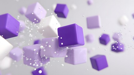Wall Mural - Colorful purple and white cubes floating in mid-air, creating a dynamic and playful 3D scene.