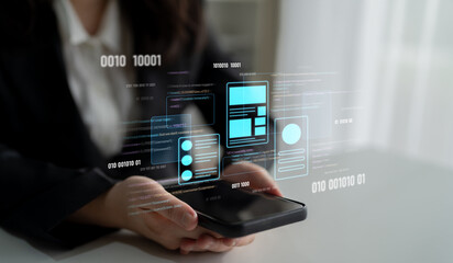 UI UX mockup showing application layout, structure, and code interface. UI design defines user flow, UI design improves clarity, UI design enhances experience, and UX design supports logic. Latch
