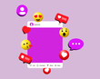 © icons gate - 3D social media post frame with notification icons, floating emojis ( love emoji, kissing face, wow reaction ) and 3d like icon button, speech bubble 3d icon. for digital marketing concepts or mockups