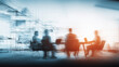 © Benjamin - Blurred silhouettes around a table in a modern workspace representing a collaborative meeting, conveying strategic planning, innovation and collective decision making for complex projects.