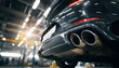 © Oleksiy - A close-up of the gleaming twin exhaust pipes of a sports car. Mechanics in a bright, modern garage perform maintenance and upgrades on vehicles. The focus of the shot is on automotive technology.