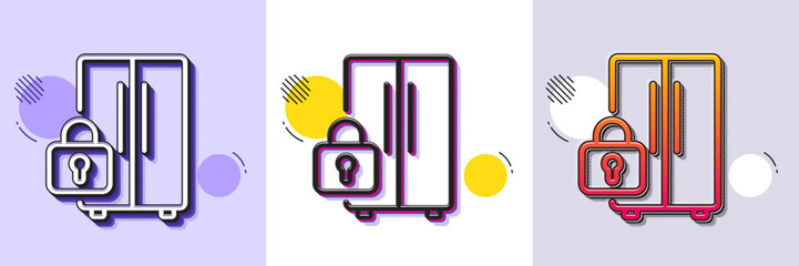 Wall Mural - Refrigerator locked line icon. Halftone dotted pattern. Gradient icon with grain shadow. Fridge child lock sign. Freezer storage symbol. Line refrigerator icon. Various designs. Vector