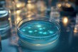 © Vibu design  gallery - Close-up of a petri dish displaying glowing blue microbial colonies or reactive chemicals in a laboratory setting, highlighting scientific discovery and research.