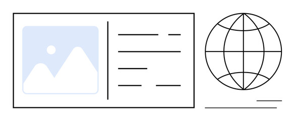 Profile layout with placeholder image and text next to a world grid globe. Ideal for communication, networking, digital interaction, internet, globalization, connectivity, business. Simple flat
