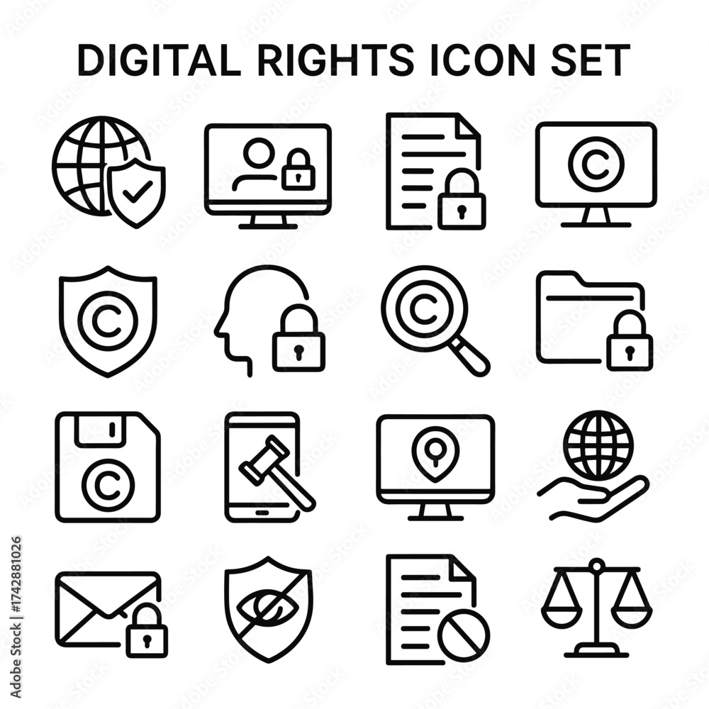 Digital rights vector icons collection. Outline symbols. Line design ...