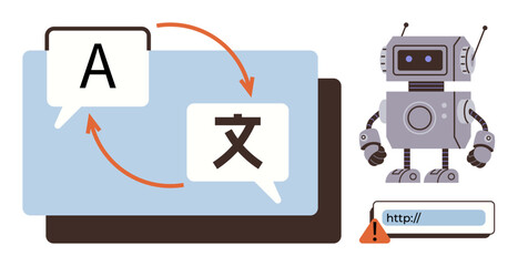 AI robot alongside language translation dialog boxes with arrows and URL warning. Ideal for AI, technology, automation, translation, language learning, web apps, simplified workflow. Simple flat