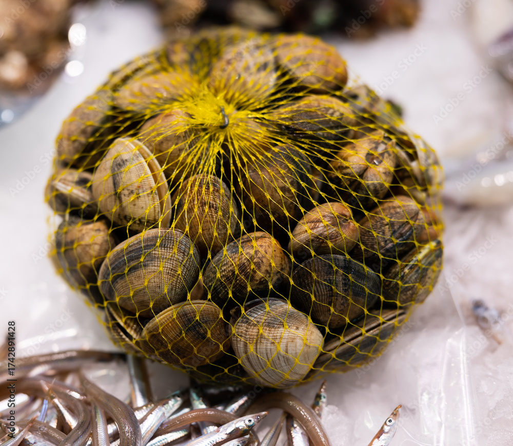 Raw shellfish in a net at a fish market - freshly caught shellfish ...