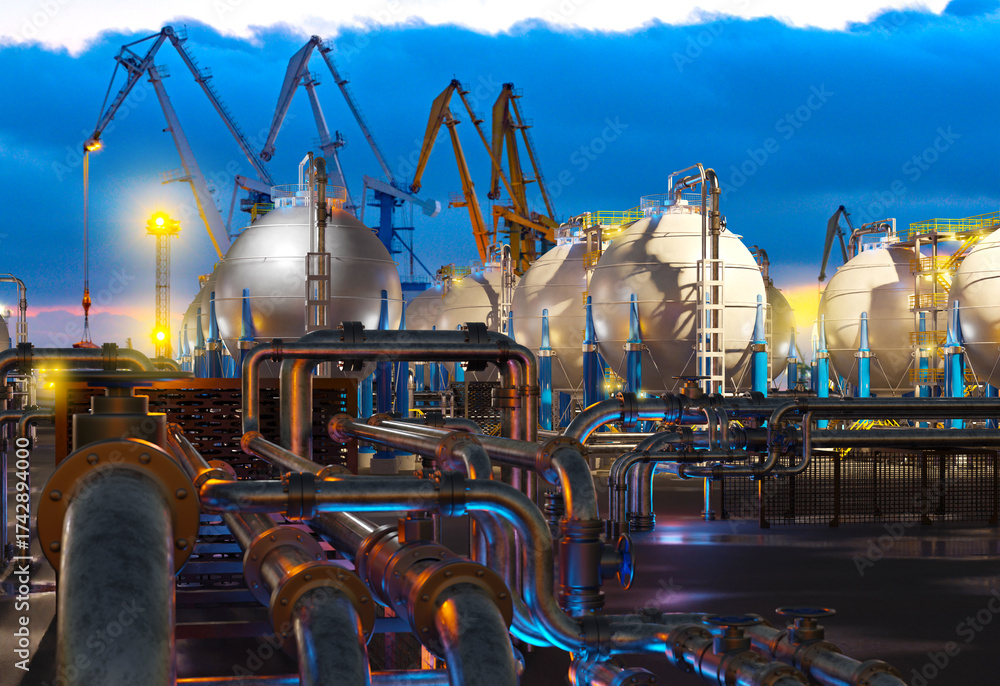 Liquefied natural gas terminal at night with spherical storage tanks ...