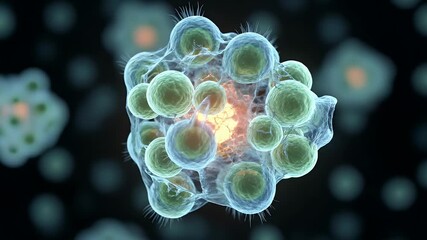 Abstract Render of Biological Cell Structure in Light Green with a Black Background