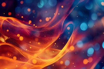 Abstract background with flowing orange and blue shapes and bokeh effect.