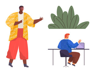 Wall Mural - Two individuals interacting one presenting while the other works on a laptop at a desk. Ideal for teamwork, creativity, workspace design, remote work, teaching, leadership, collaboration. A simple