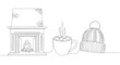 © ELIUNMENT - Cozy Winter Comfort A Single Line Drawing of a Fireplace, Hot Cocoa, and a Warm Knitted Hat, Perfect for the Season