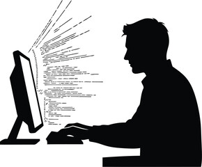 Man working on computer silhouette with radiating lines symbolizing data or ideas modern digital workflow concept vector