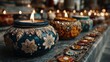 © kevin - Many small decorative candles are lit in ornate holders on a stone surface.
