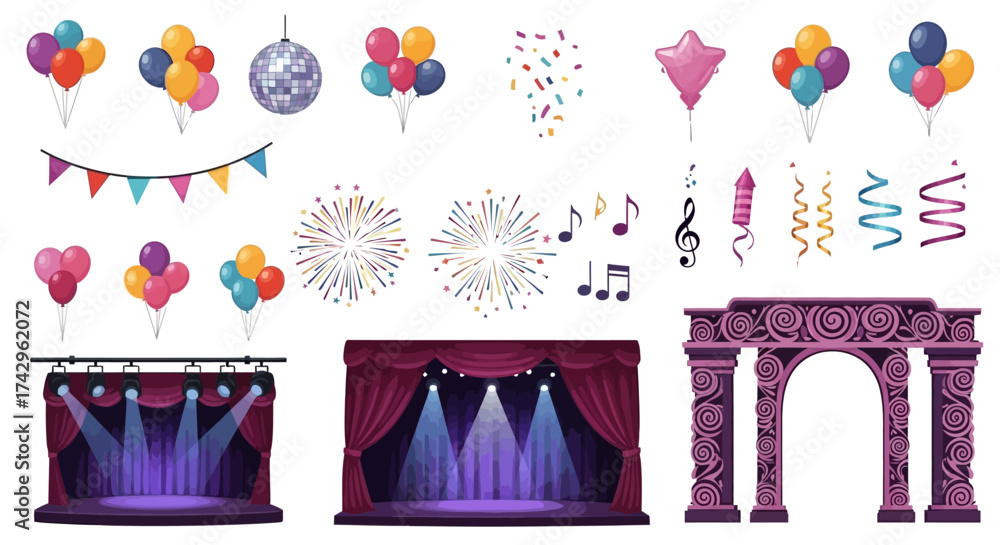 Celebration Set Festive Decorations, Balloons, Stage, Arch, Fireworks ...