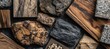 © Haikal - Assorted stones & wood textures lie on dark surface