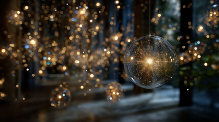Wall Mural - Glowing Orbs: Captivating the enchanting dance of light, suspended orbs of brilliance illuminate the tranquil atmosphere, casting a mesmerizing glow amidst a blurred, soft-focus environment. 